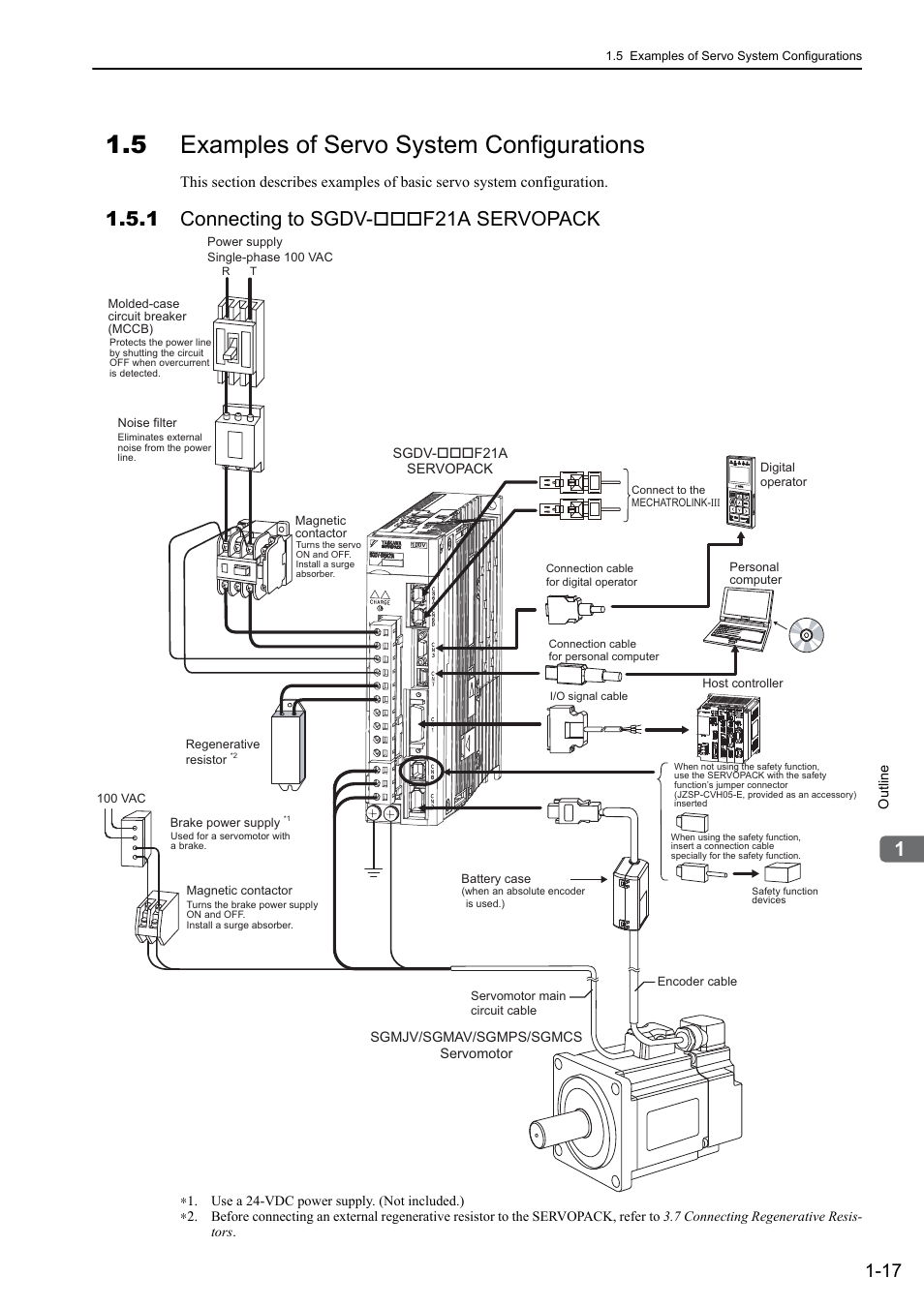 5 examples of servo system configurations, 1 connecting to sgdv-***f21a servopack, 1 connecting to sgdv- f21a servopack | Yaskawa Sigma-5 User Manual: Design and Maintenance - Rotary Motors MECHATROLINK-III Communications Reference User Manual | Page 37 / 391