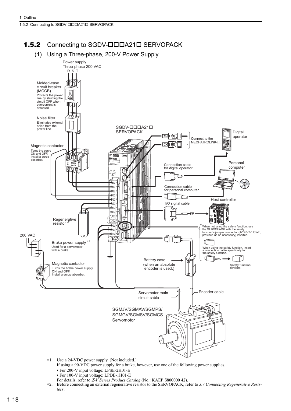 2 connecting to sgdv-***a21* servopack, 2 connecting to sgdv- a21 servopack, 1) using a three-phase, 200-v power supply | Yaskawa Sigma-5 User Manual: Design and Maintenance - Rotary Motors MECHATROLINK-III Communications Reference User Manual | Page 38 / 391