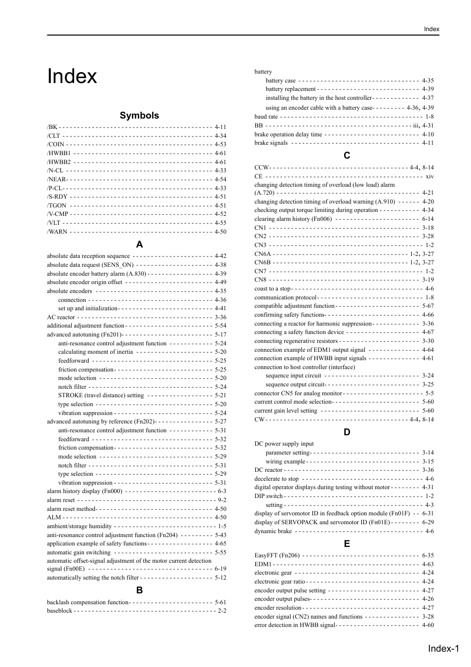 Index, Symbols, Index-1 | Yaskawa Sigma-5 User Manual: Design and Maintenance - Rotary Motors MECHATROLINK-III Communications Reference User Manual | Page 386 / 391