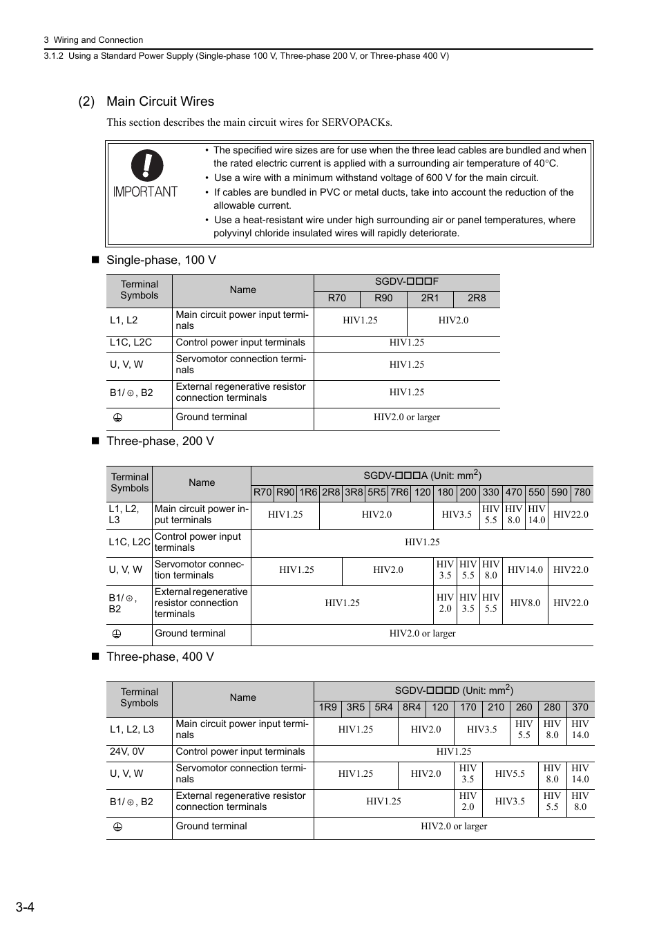 4 (2) main circuit wires | Yaskawa Sigma-5 User Manual: Design and Maintenance - Rotary Motors MECHATROLINK-III Communications Reference User Manual | Page 53 / 391