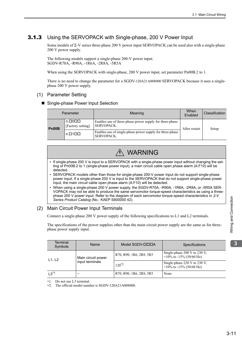 Warning, 1) parameter setting, 2) main circuit power input terminals | Yaskawa Sigma-5 User Manual: Design and Maintenance - Rotary Motors MECHATROLINK-III Communications Reference User Manual | Page 60 / 391