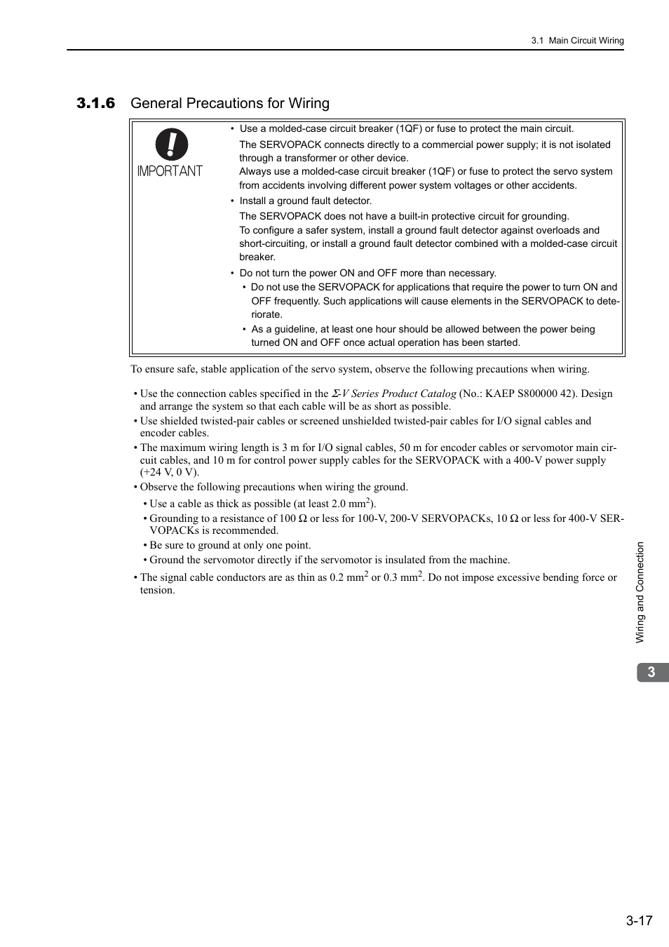 6 general precautions for wiring | Yaskawa Sigma-5 User Manual: Design and Maintenance - Rotary Motors MECHATROLINK-III Communications Reference User Manual | Page 66 / 391