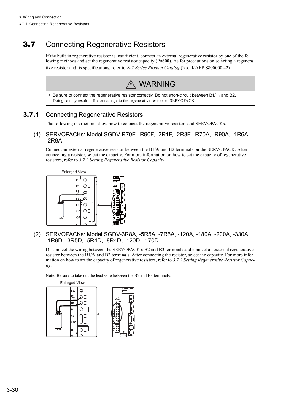 7 connecting regenerative resistors, 1 connecting regenerative resistors, Warning | Yaskawa Sigma-5 User Manual: Design and Maintenance - Rotary Motors MECHATROLINK-III Communications Reference User Manual | Page 79 / 391