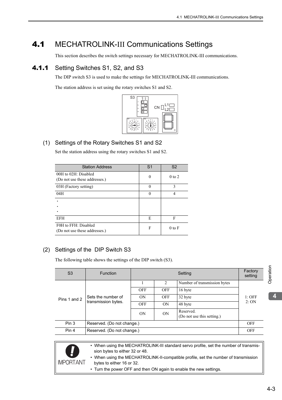 1 mechatrolink-iii communications settings, 1 setting switches s1, s2, and s3, 1) settings of the rotary switches s1 and s2 | 2) settings of the dip switch s3, M-iii | Yaskawa Sigma-5 User Manual: Design and Maintenance - Rotary Motors MECHATROLINK-III Communications Reference User Manual | Page 88 / 391