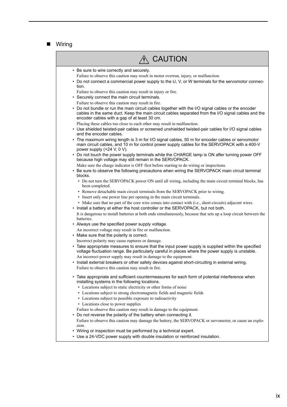 Caution, Ix wiring | Yaskawa Sigma-5 User Manual: Design and Maintenance - Rotary Motors MECHATROLINK-III Communications Reference User Manual | Page 9 / 391