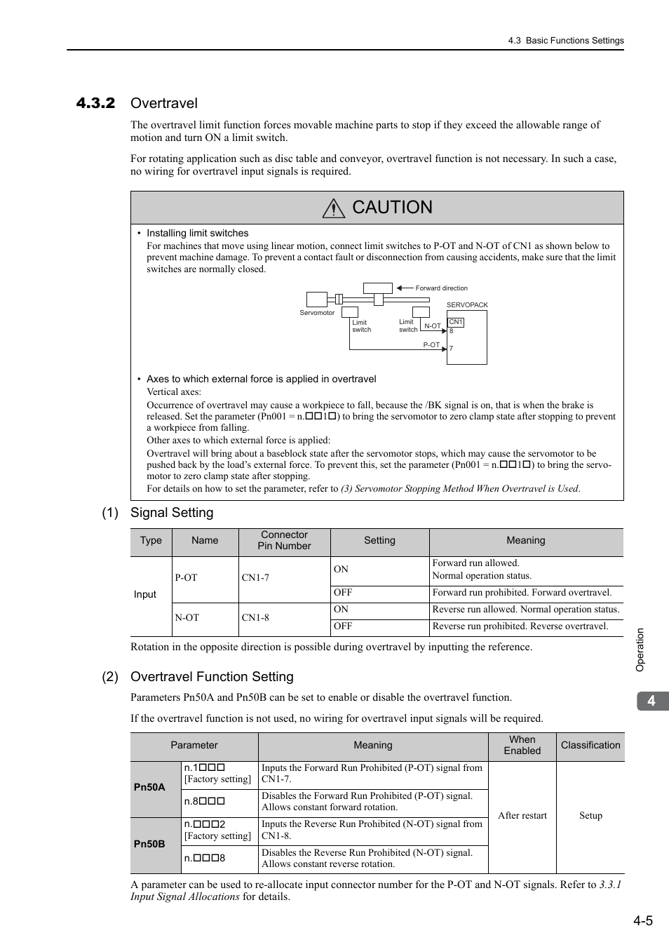 2 overtravel, Caution, 1) signal setting | 2) overtravel function setting, 46 and 64 | Yaskawa Sigma-5 User Manual: Design and Maintenance - Rotary Motors MECHATROLINK-III Communications Reference User Manual | Page 90 / 391