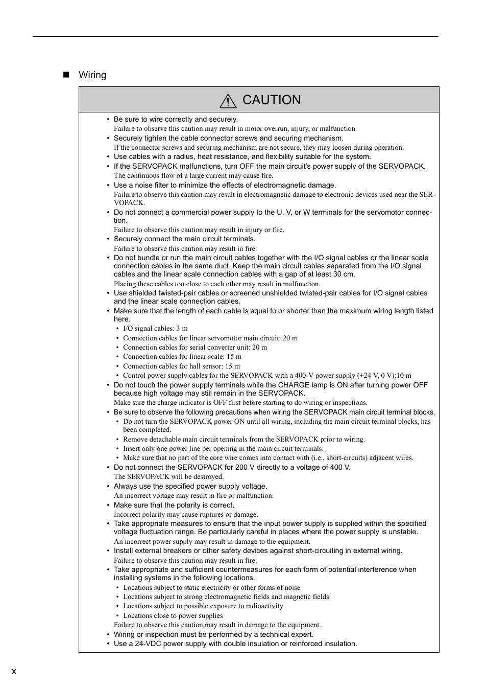 Caution, Xwiring | Yaskawa Sigma-5 User Manual: Design and Maintenance - Linear Motors MECHATROLINK-III Communications Reference User Manual | Page 10 / 357