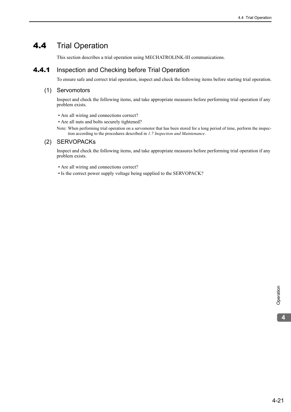 4 trial operation, 1 inspection and checking before trial operation | Yaskawa Sigma-5 User Manual: Design and Maintenance - Linear Motors MECHATROLINK-III Communications Reference User Manual | Page 109 / 357