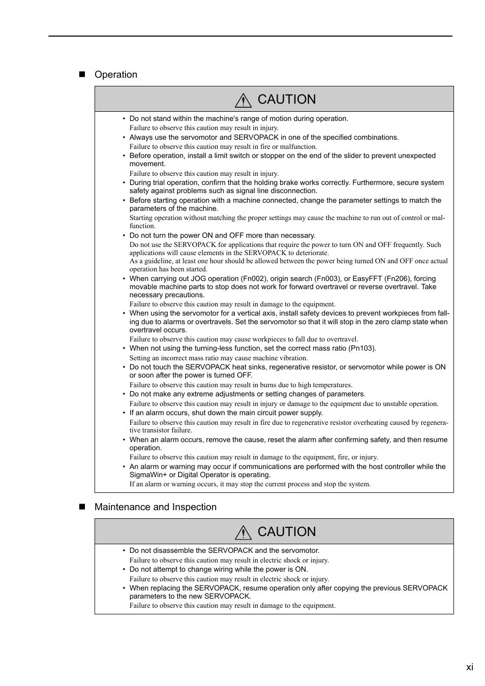 Caution, Xi operation maintenance and inspection | Yaskawa Sigma-5 User Manual: Design and Maintenance - Linear Motors MECHATROLINK-III Communications Reference User Manual | Page 11 / 357