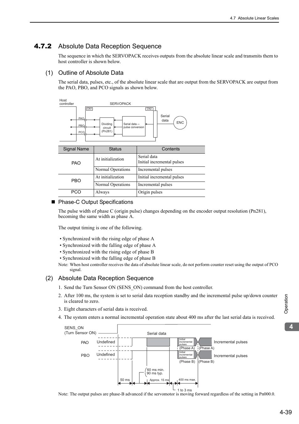 2 absolute data reception sequence, 1) outline of absolute data, 2) absolute data reception sequence | 48 and 65, Phase-c output specifications | Yaskawa Sigma-5 User Manual: Design and Maintenance - Linear Motors MECHATROLINK-III Communications Reference User Manual | Page 127 / 357