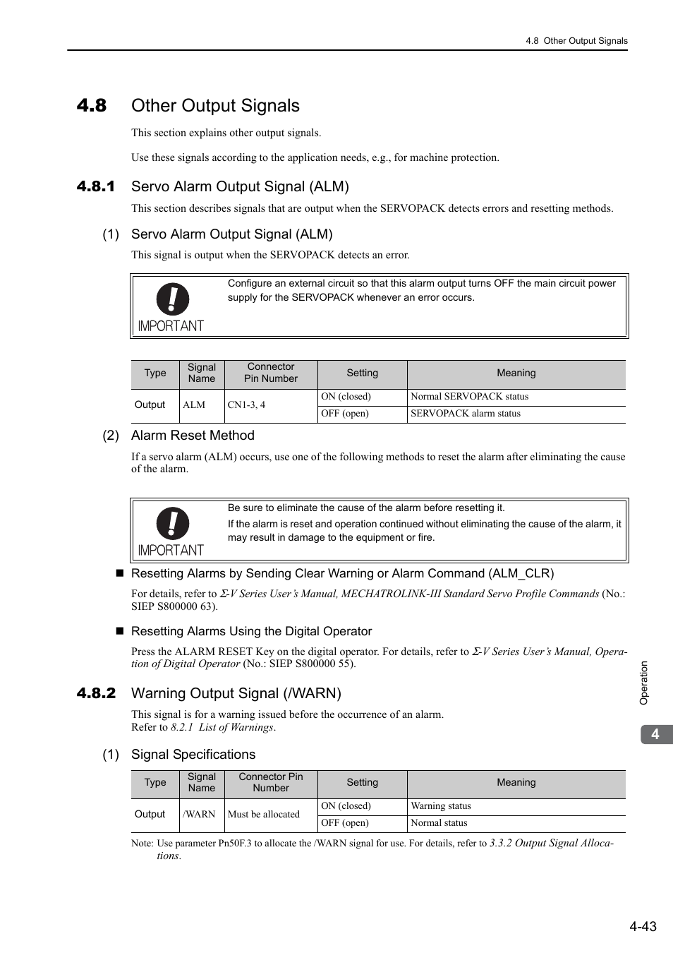 8 other output signals, 1 servo alarm output signal (alm), 2 warning output signal (/warn) | 1) servo alarm output signal (alm), 2) alarm reset method, 1) signal specifications | Yaskawa Sigma-5 User Manual: Design and Maintenance - Linear Motors MECHATROLINK-III Communications Reference User Manual | Page 131 / 357