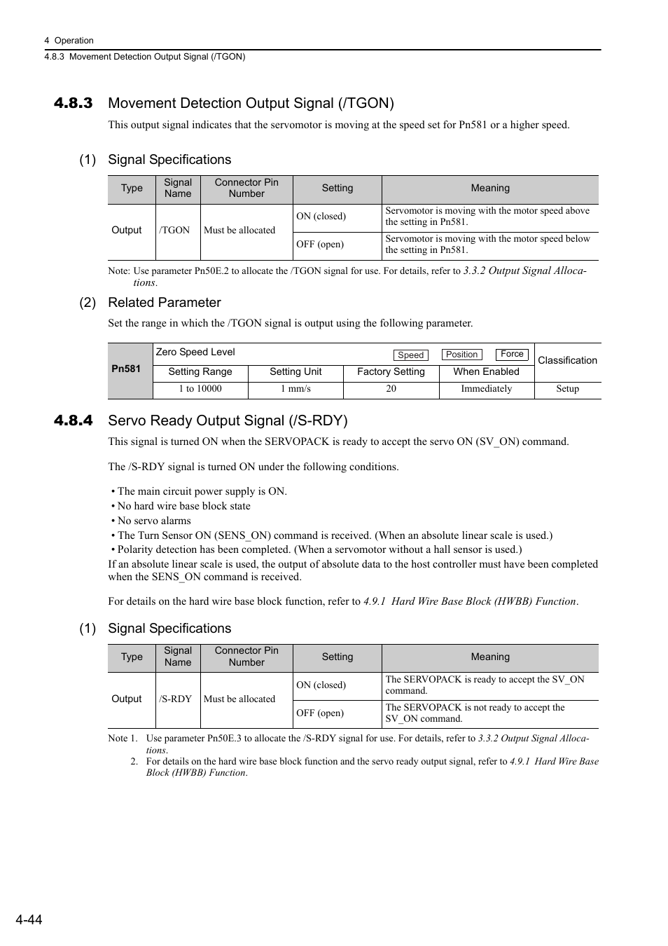 3 movement detection output signal (/tgon), 4 servo ready output signal (/s-rdy), 1) signal specifications | 2) related parameter | Yaskawa Sigma-5 User Manual: Design and Maintenance - Linear Motors MECHATROLINK-III Communications Reference User Manual | Page 132 / 357