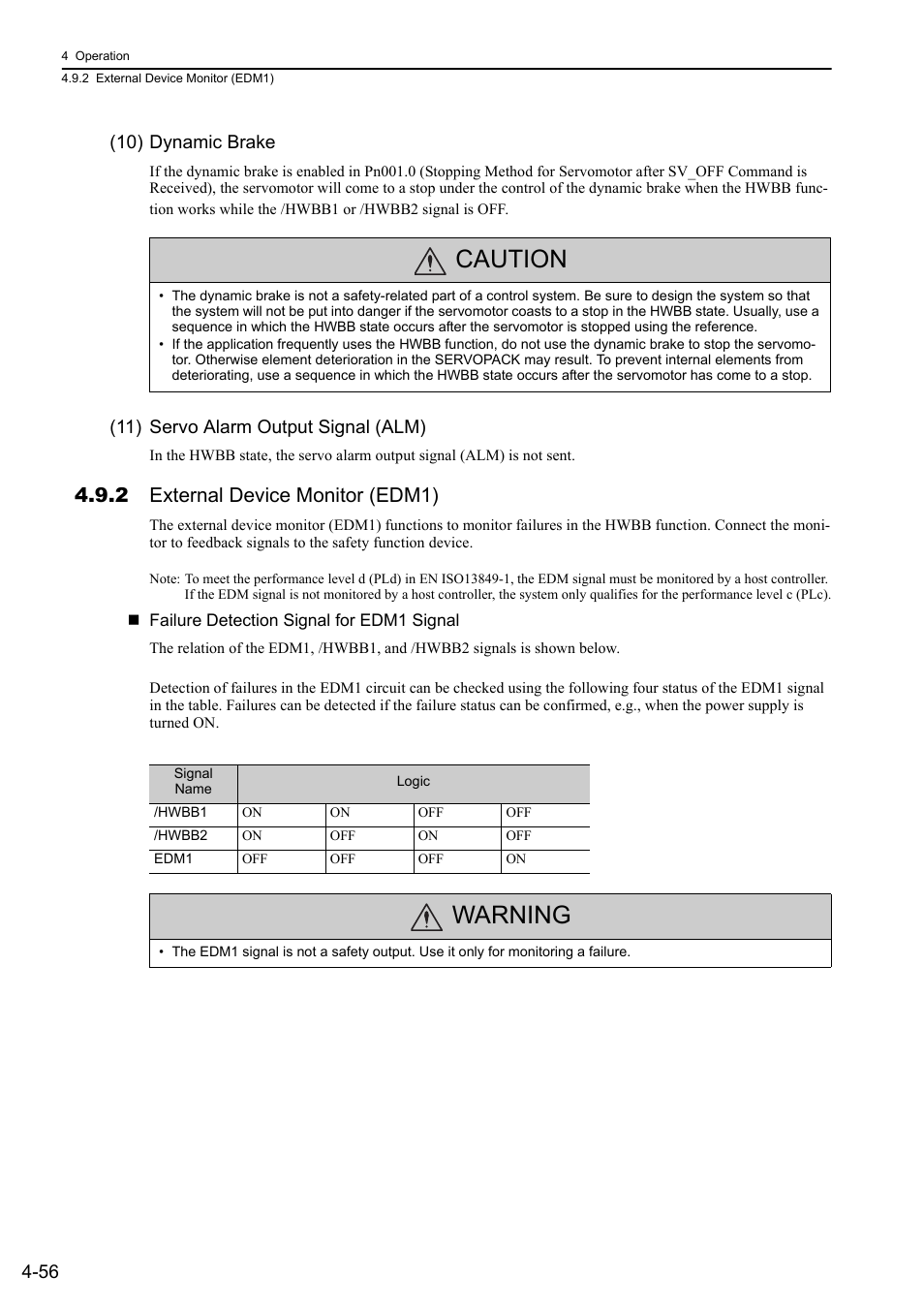 2 external device monitor (edm1), Caution, Warning | 56 (10) dynamic brake, 11) servo alarm output signal (alm) | Yaskawa Sigma-5 User Manual: Design and Maintenance - Linear Motors MECHATROLINK-III Communications Reference User Manual | Page 144 / 357