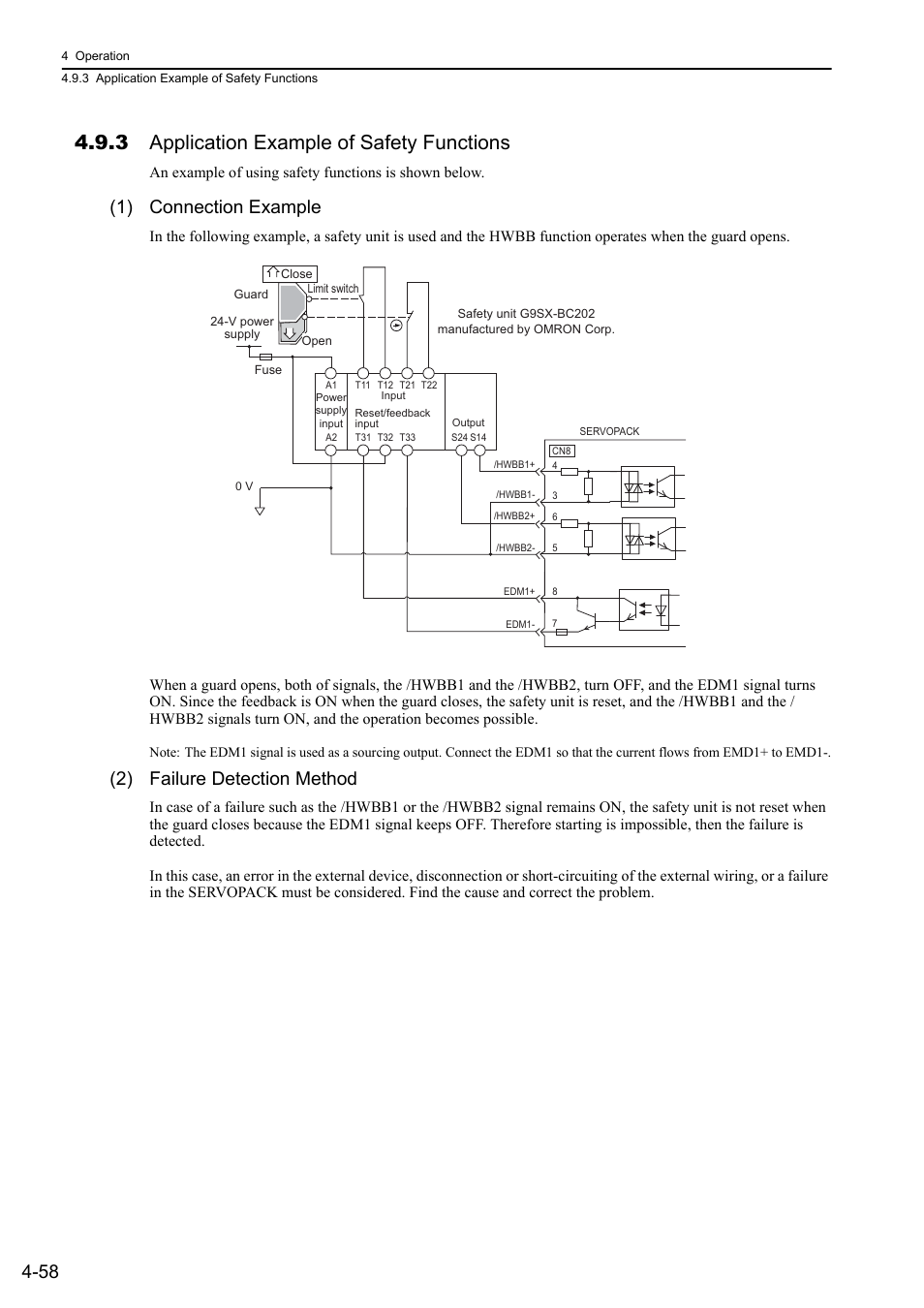 3 application example of safety functions, 1) connection example, 2) failure detection method | Yaskawa Sigma-5 User Manual: Design and Maintenance - Linear Motors MECHATROLINK-III Communications Reference User Manual | Page 146 / 357