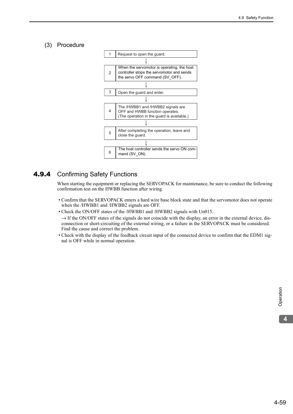 4 confirming safety functions, 3) procedure | Yaskawa Sigma-5 User Manual: Design and Maintenance - Linear Motors MECHATROLINK-III Communications Reference User Manual | Page 147 / 357