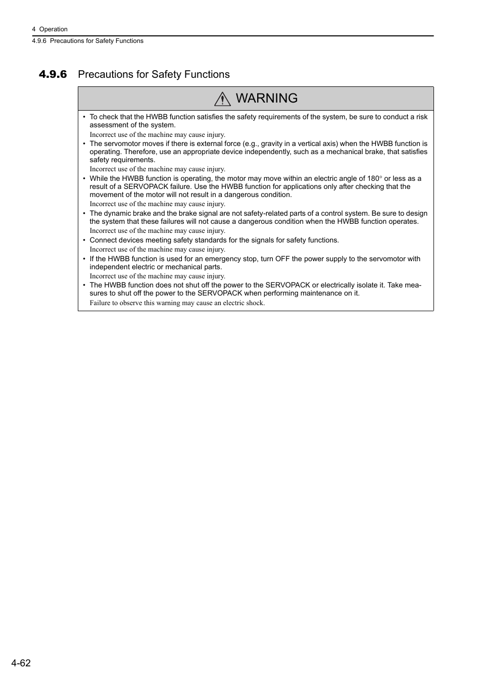 6 precautions for safety functions, Warning | Yaskawa Sigma-5 User Manual: Design and Maintenance - Linear Motors MECHATROLINK-III Communications Reference User Manual | Page 150 / 357
