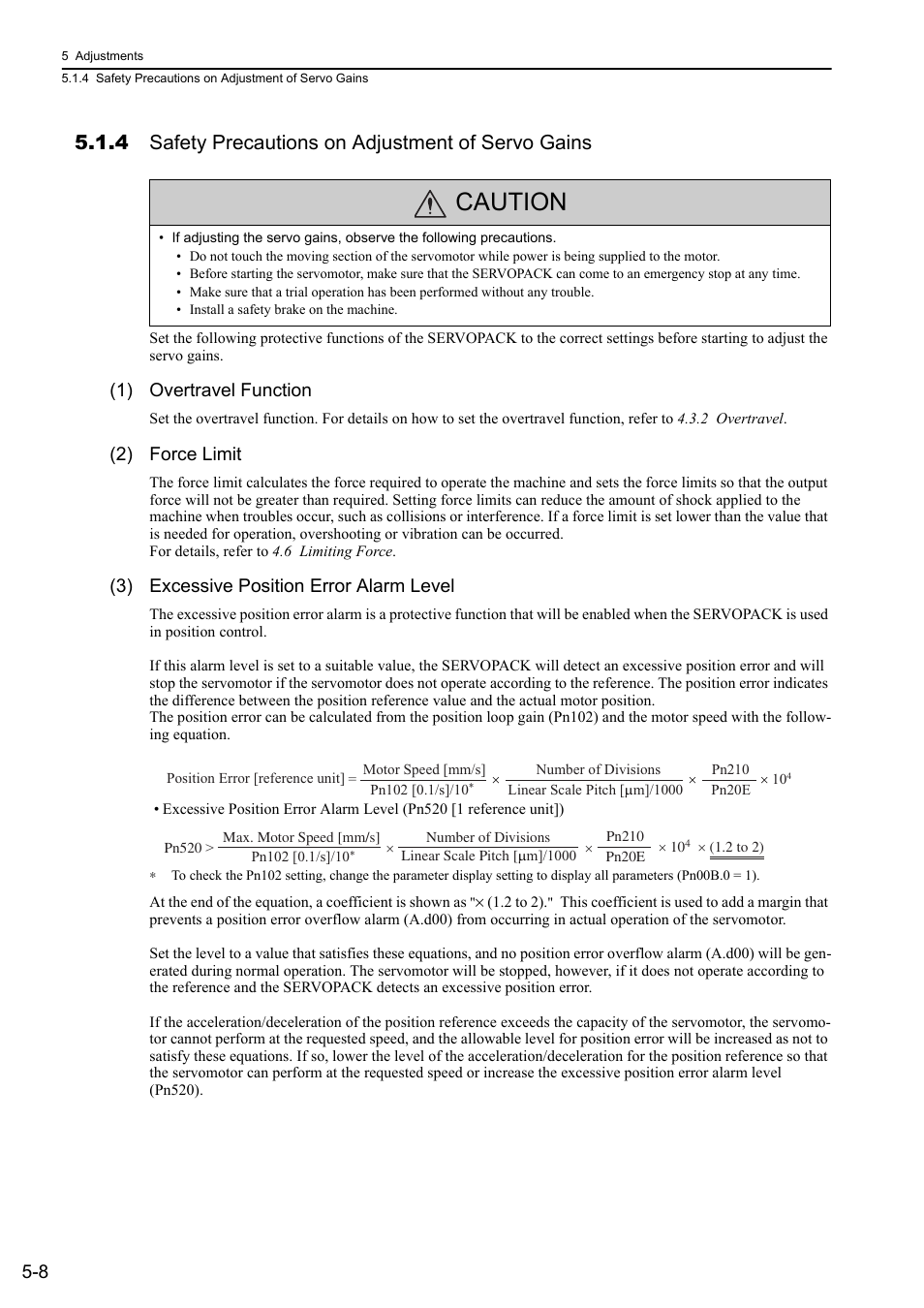 4 safety precautions on adjustment of servo gains, Caution, 1) overtravel function | 2) force limit, 3) excessive position error alarm level, Lin ear, Lin- ear | Yaskawa Sigma-5 User Manual: Design and Maintenance - Linear Motors MECHATROLINK-III Communications Reference User Manual | Page 158 / 357