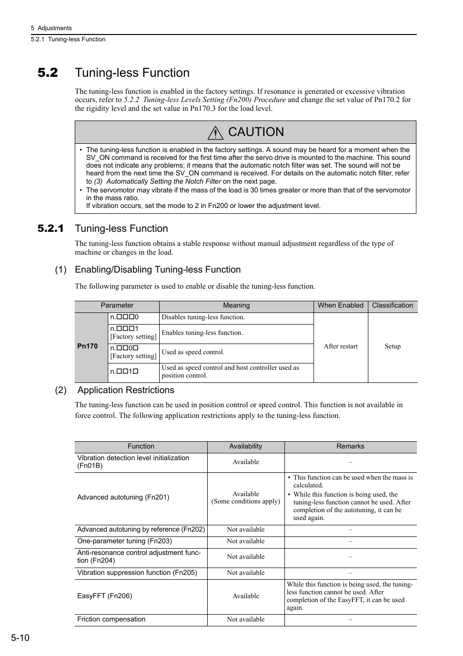 2 tuning-less function, 1 tuning-less function, Caution | 1) enabling/disabling tuning-less function, 2) application restrictions | Yaskawa Sigma-5 User Manual: Design and Maintenance - Linear Motors MECHATROLINK-III Communications Reference User Manual | Page 160 / 357