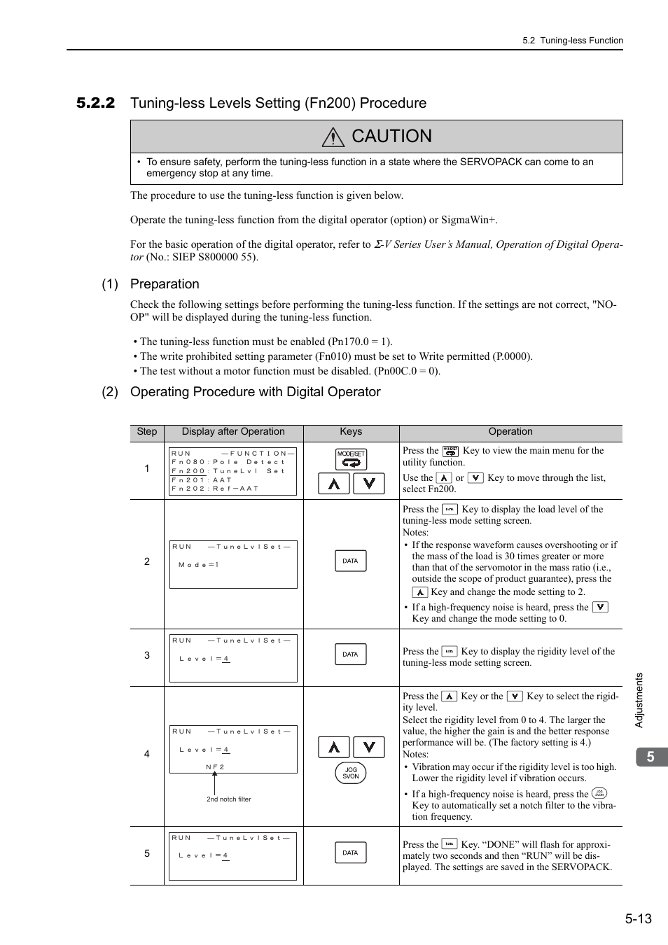 2 tuning-less levels setting (fn200) procedure, Caution, 1) preparation | 2) operating procedure with digital operator | Yaskawa Sigma-5 User Manual: Design and Maintenance - Linear Motors MECHATROLINK-III Communications Reference User Manual | Page 163 / 357