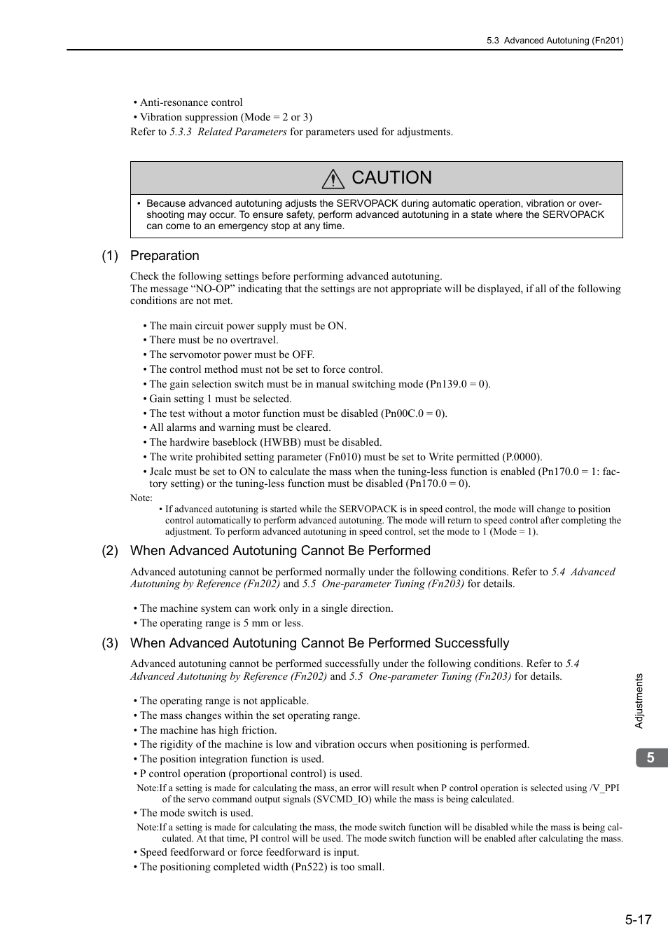 Caution, 1) preparation, 2) when advanced autotuning cannot be performed | Yaskawa Sigma-5 User Manual: Design and Maintenance - Linear Motors MECHATROLINK-III Communications Reference User Manual | Page 167 / 357