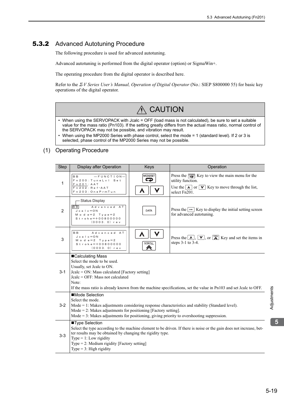 2 advanced autotuning procedure, Caution, 1) operating procedure | Yaskawa Sigma-5 User Manual: Design and Maintenance - Linear Motors MECHATROLINK-III Communications Reference User Manual | Page 169 / 357