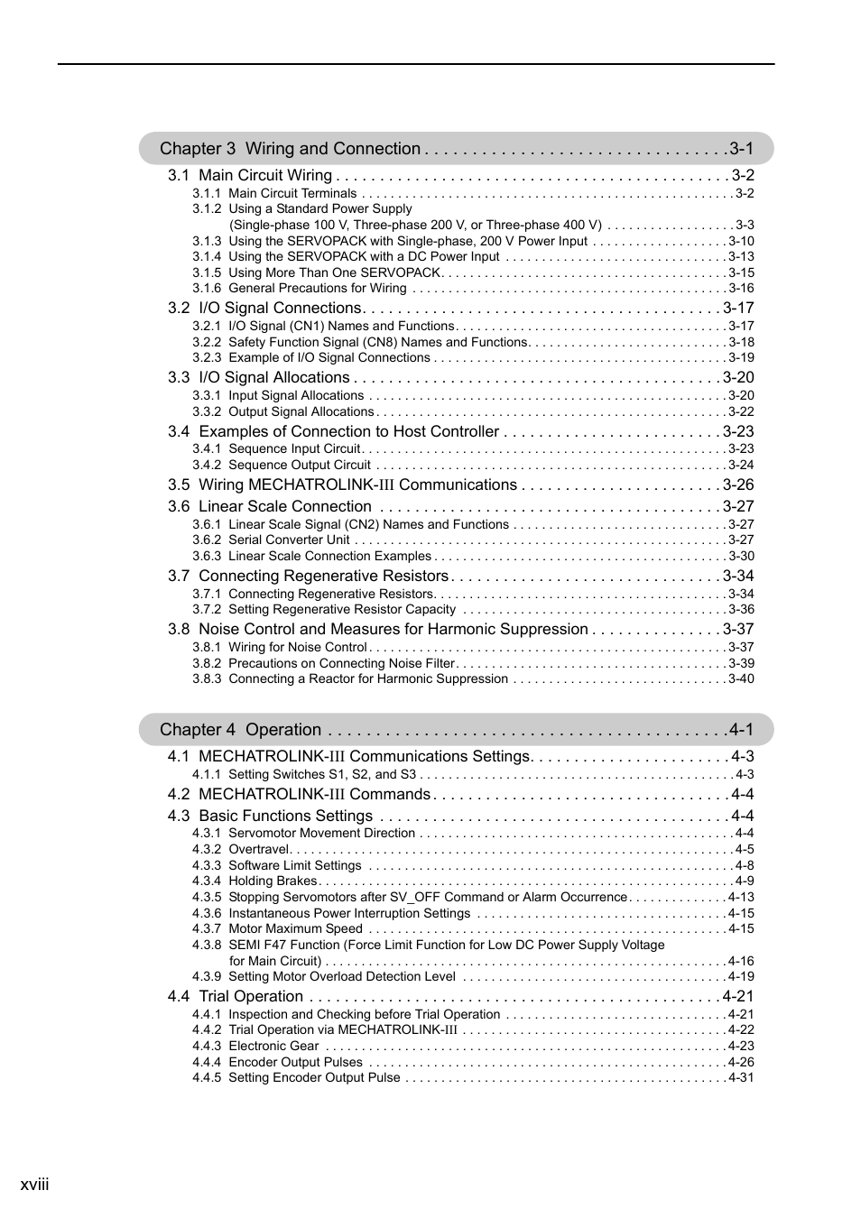 Xviii chapter 3 wiring and connection -1, Chapter 4 operation -1 | Yaskawa Sigma-5 User Manual: Design and Maintenance - Linear Motors MECHATROLINK-III Communications Reference User Manual | Page 18 / 357