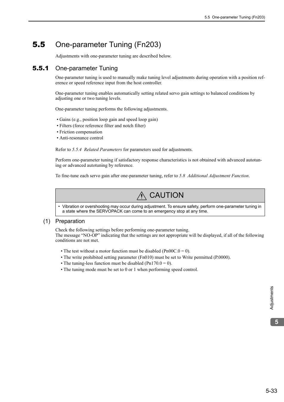 5 one-parameter tuning (fn203), 1 one-parameter tuning, Caution | Yaskawa Sigma-5 User Manual: Design and Maintenance - Linear Motors MECHATROLINK-III Communications Reference User Manual | Page 183 / 357