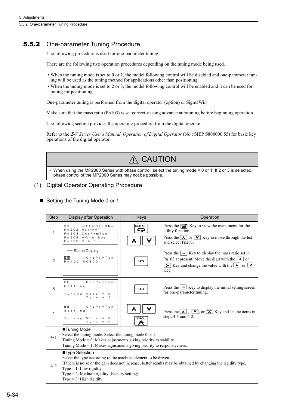 2 one-parameter tuning procedure, Caution, 1) digital operator operating procedure | Yaskawa Sigma-5 User Manual: Design and Maintenance - Linear Motors MECHATROLINK-III Communications Reference User Manual | Page 184 / 357