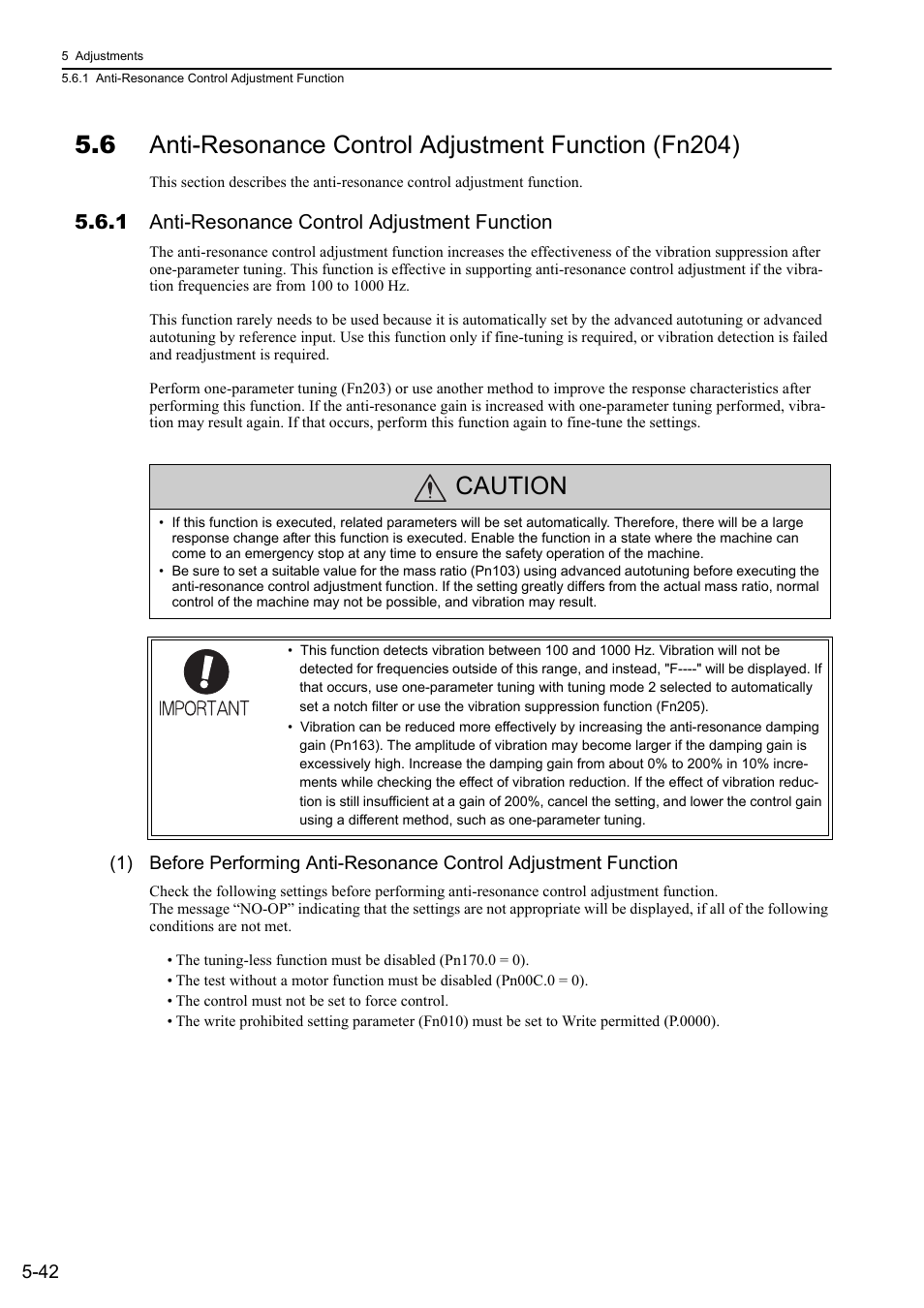 1 anti-resonance control adjustment function, Caution | Yaskawa Sigma-5 User Manual: Design and Maintenance - Linear Motors MECHATROLINK-III Communications Reference User Manual | Page 192 / 357