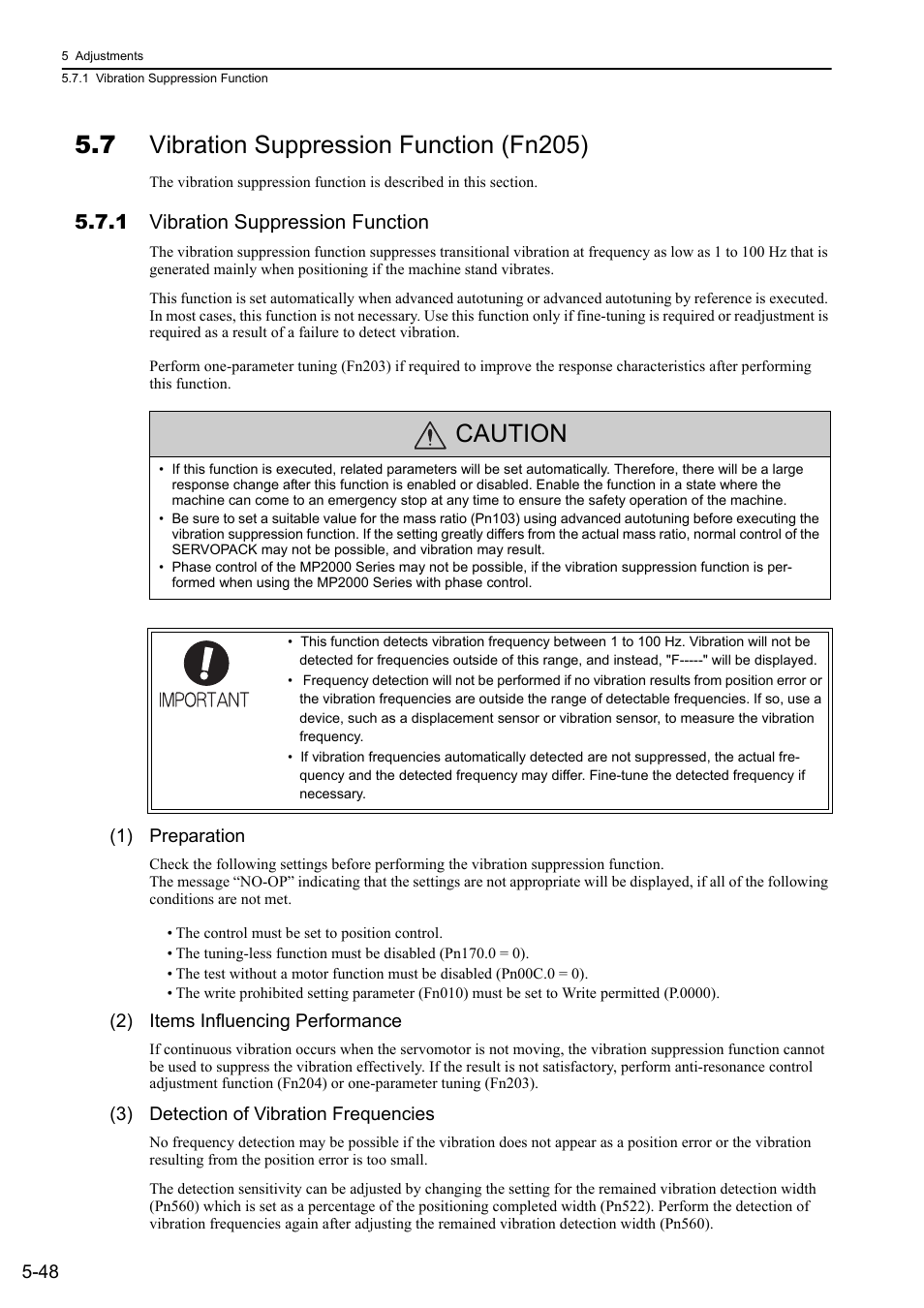 7 vibration suppression function (fn205), 1 vibration suppression function, Caution | 1) preparation, 2) items influencing performance, 3) detection of vibration frequencies | Yaskawa Sigma-5 User Manual: Design and Maintenance - Linear Motors MECHATROLINK-III Communications Reference User Manual | Page 198 / 357