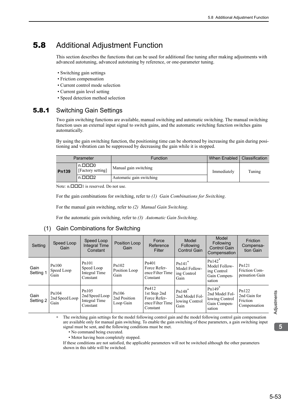 8 additional adjustment function, 1 switching gain settings, 1) gain combinations for switching | Yaskawa Sigma-5 User Manual: Design and Maintenance - Linear Motors MECHATROLINK-III Communications Reference User Manual | Page 203 / 357