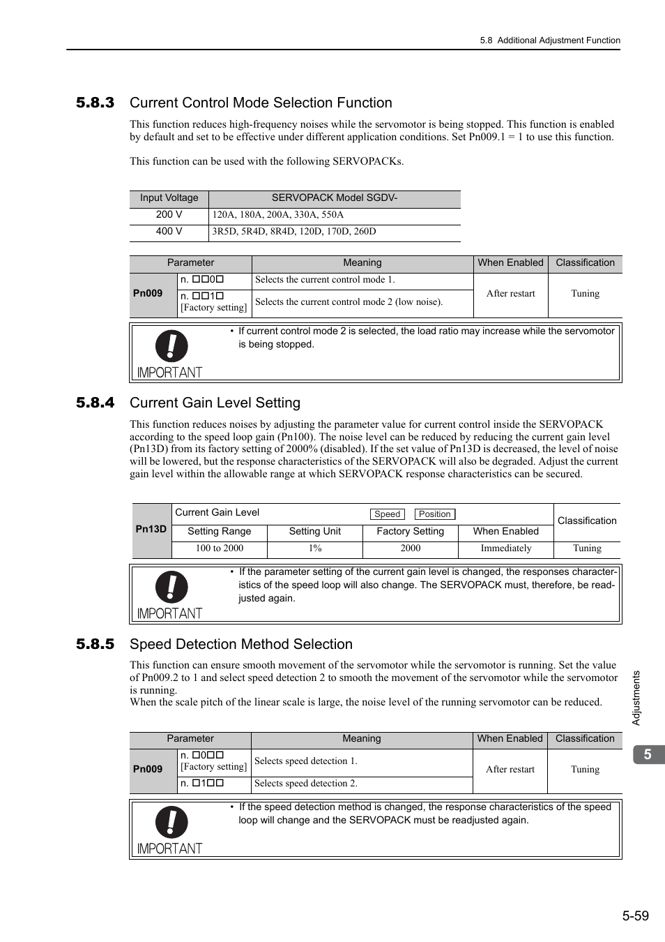 3 current control mode selection function, 4 current gain level setting, 5 speed detection method selection | Yaskawa Sigma-5 User Manual: Design and Maintenance - Linear Motors MECHATROLINK-III Communications Reference User Manual | Page 209 / 357