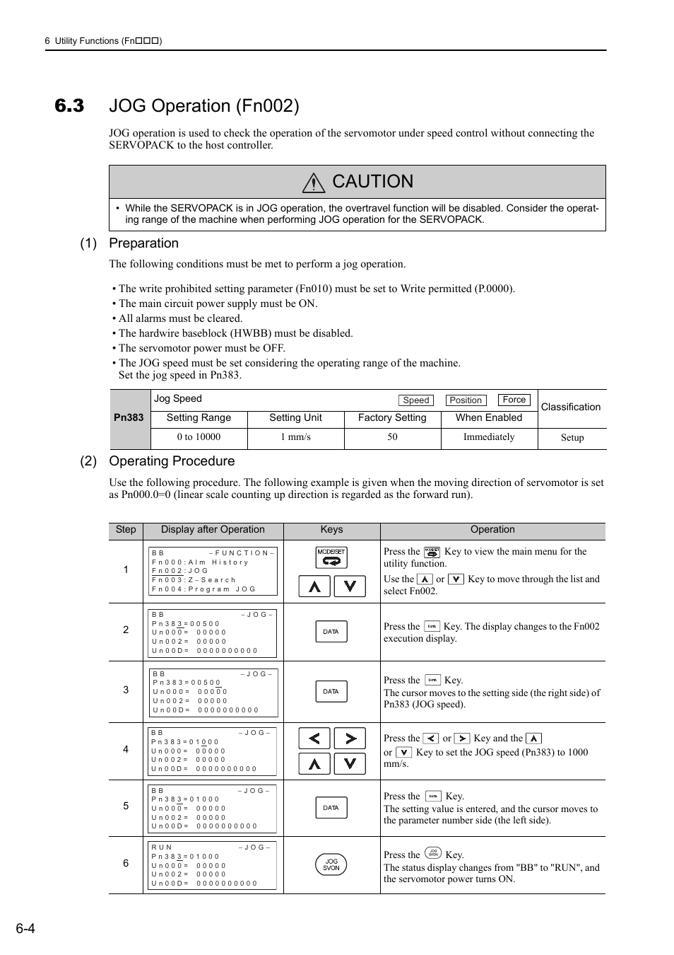 3 jog operation (fn002), Caution, 1) preparation | 2) operating procedure | Yaskawa Sigma-5 User Manual: Design and Maintenance - Linear Motors MECHATROLINK-III Communications Reference User Manual | Page 219 / 357