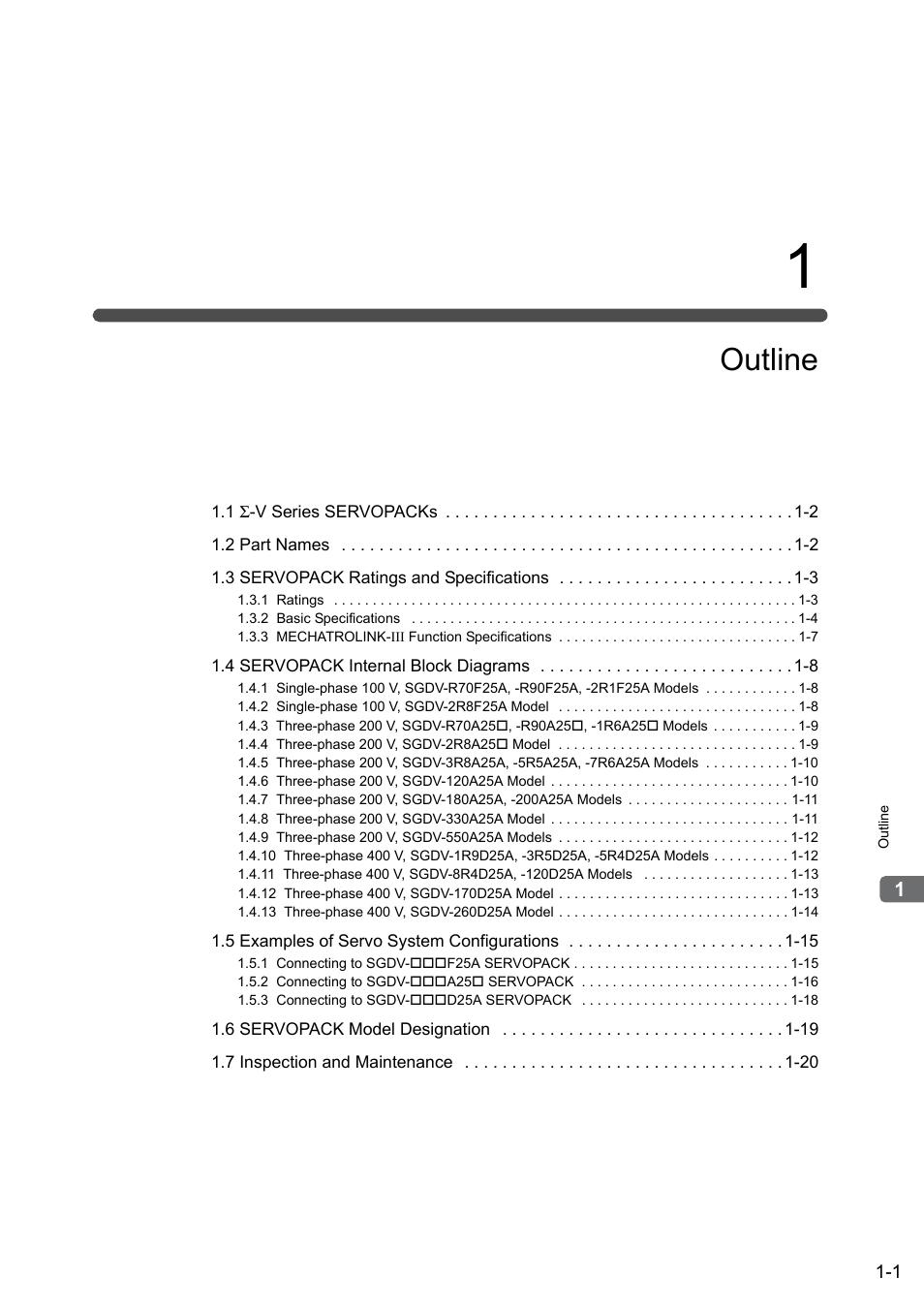 1 outline, Outline | Yaskawa Sigma-5 User Manual: Design and Maintenance - Linear Motors MECHATROLINK-III Communications Reference User Manual | Page 22 / 357