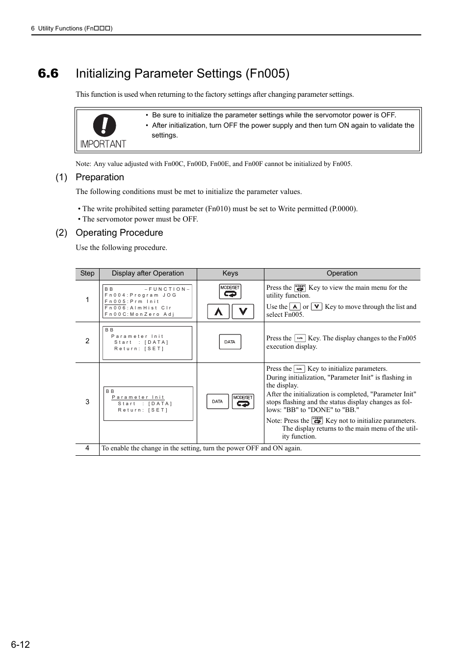 6 initializing parameter settings (fn005), 1) preparation, 2) operating procedure | Yaskawa Sigma-5 User Manual: Design and Maintenance - Linear Motors MECHATROLINK-III Communications Reference User Manual | Page 227 / 357