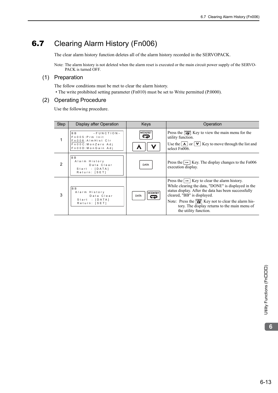 7 clearing alarm history (fn006), 1) preparation, 2) operating procedure | Yaskawa Sigma-5 User Manual: Design and Maintenance - Linear Motors MECHATROLINK-III Communications Reference User Manual | Page 228 / 357