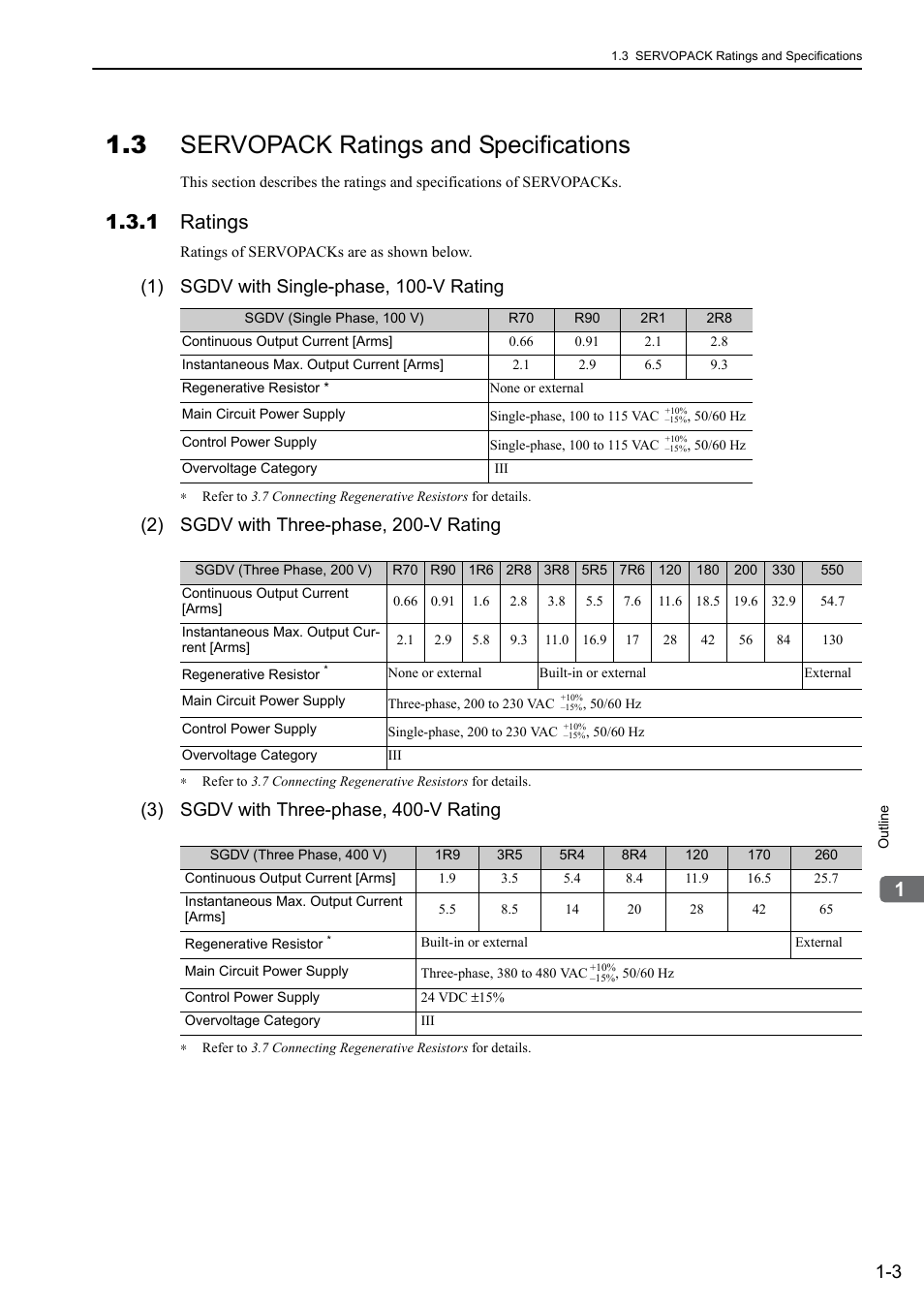 3 servopack ratings and specifications, 1 ratings, 1) sgdv with single-phase, 100-v rating | 2) sgdv with three-phase, 200-v rating, 3) sgdv with three-phase, 400-v rating | Yaskawa Sigma-5 User Manual: Design and Maintenance - Linear Motors MECHATROLINK-III Communications Reference User Manual | Page 24 / 357