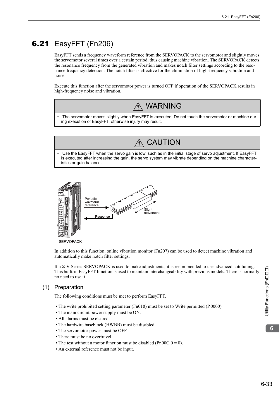 21 easyfft (fn206), Warning, Caution | 1) preparation | Yaskawa Sigma-5 User Manual: Design and Maintenance - Linear Motors MECHATROLINK-III Communications Reference User Manual | Page 248 / 357