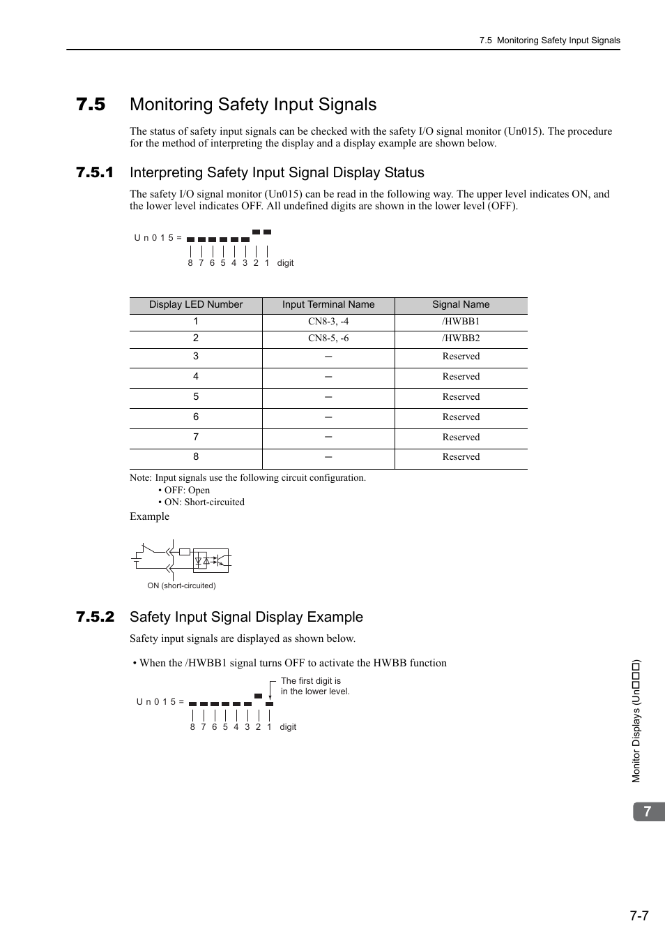 5 monitoring safety input signals, 1 interpreting safety input signal display status, 2 safety input signal display example | Mecha | Yaskawa Sigma-5 User Manual: Design and Maintenance - Linear Motors MECHATROLINK-III Communications Reference User Manual | Page 261 / 357