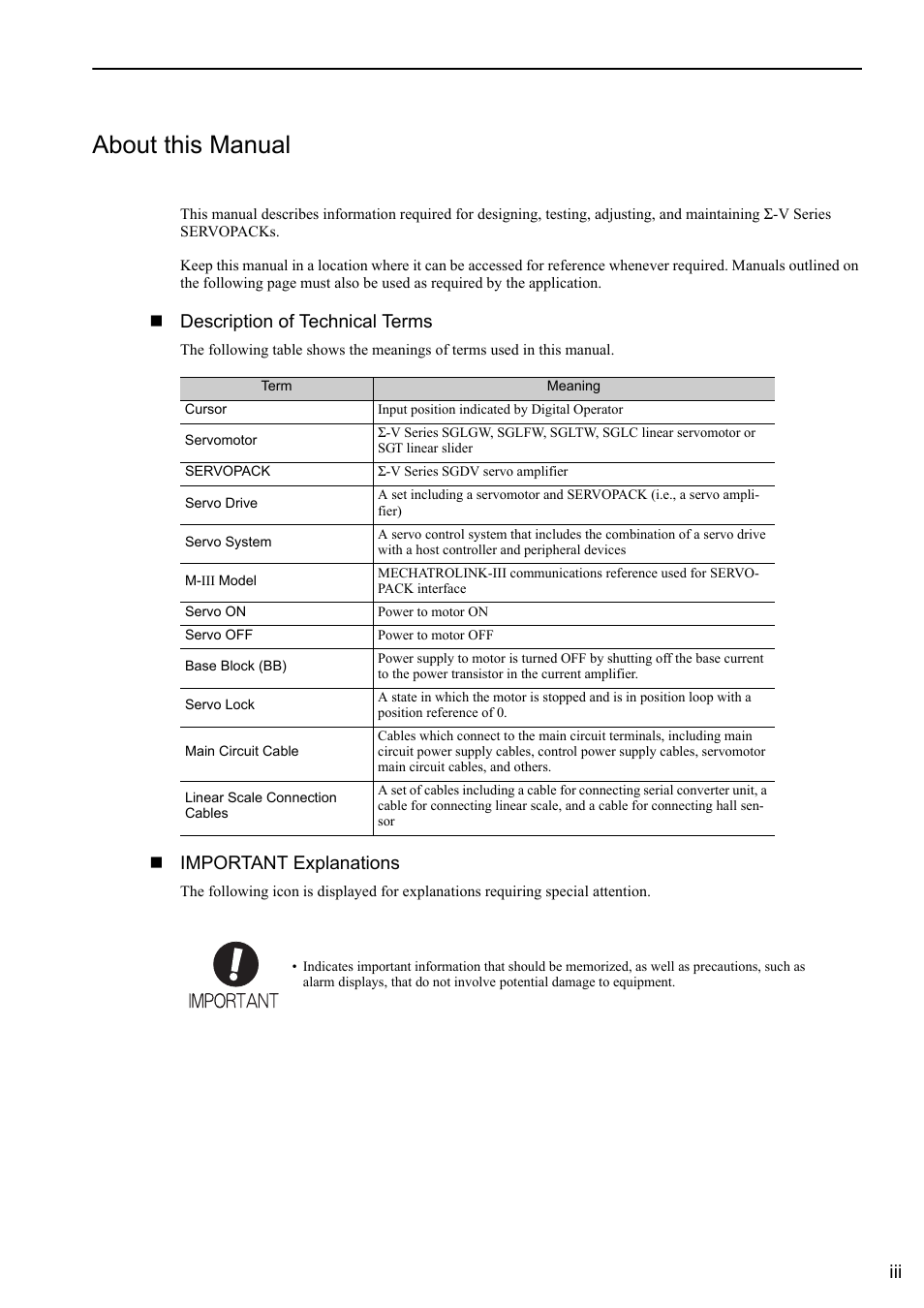 About this manual, Description of technical terms, Important explanations | Yaskawa Sigma-5 User Manual: Design and Maintenance - Linear Motors MECHATROLINK-III Communications Reference User Manual | Page 3 / 357