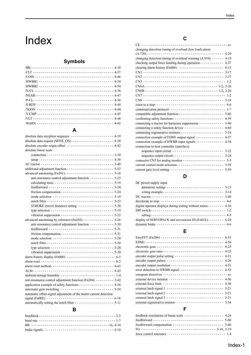 Index, Symbols, Index-1 | Yaskawa Sigma-5 User Manual: Design and Maintenance - Linear Motors MECHATROLINK-III Communications Reference User Manual | Page 353 / 357