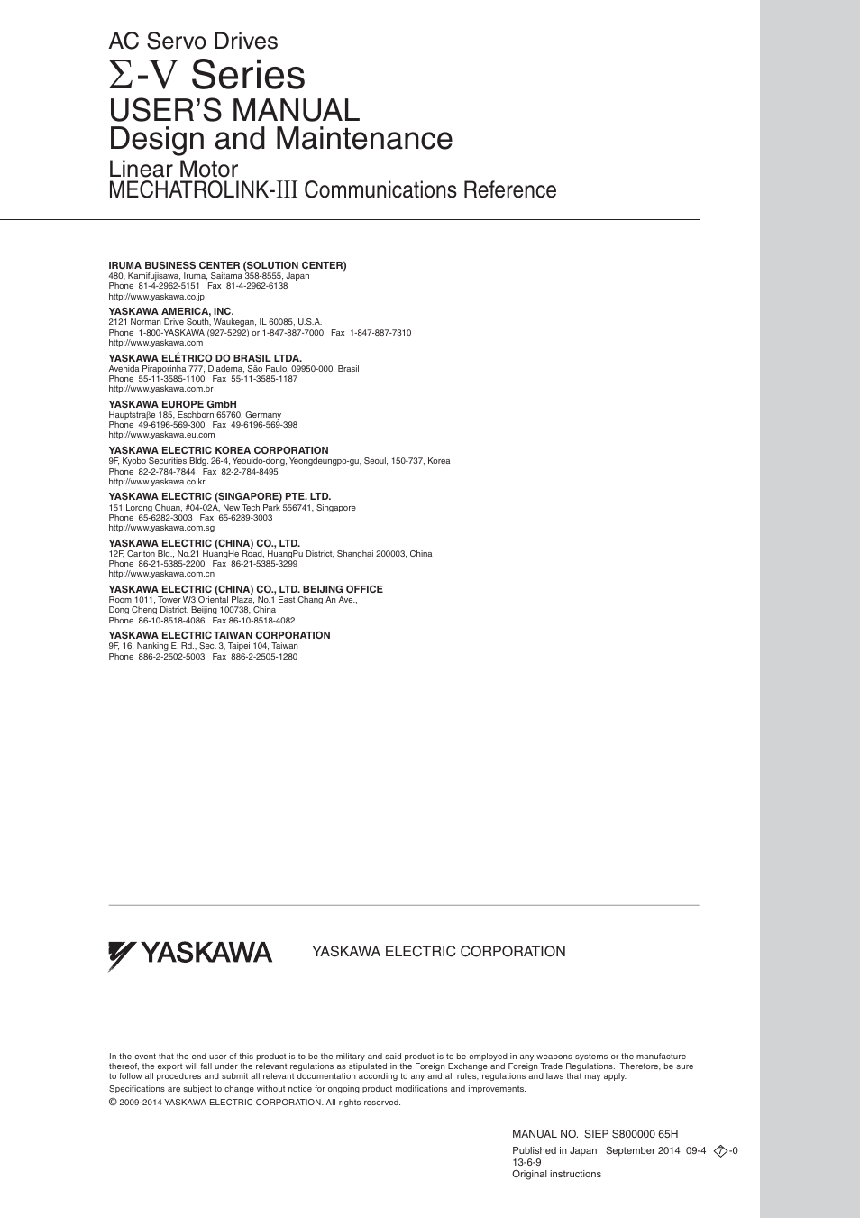 Back cover, Series, User’s manual design and maintenance | Linear motor mechatrolink, Communications reference, Ac servo drives | Yaskawa Sigma-5 User Manual: Design and Maintenance - Linear Motors MECHATROLINK-III Communications Reference User Manual | Page 357 / 357