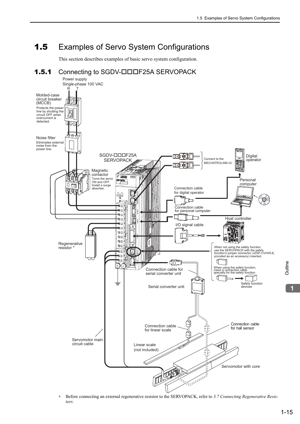 5 examples of servo system configurations, 1 connecting to sgdv-***f25a servopack, 1 connecting to sgdv- f25a servopack | Yaskawa Sigma-5 User Manual: Design and Maintenance - Linear Motors MECHATROLINK-III Communications Reference User Manual | Page 36 / 357