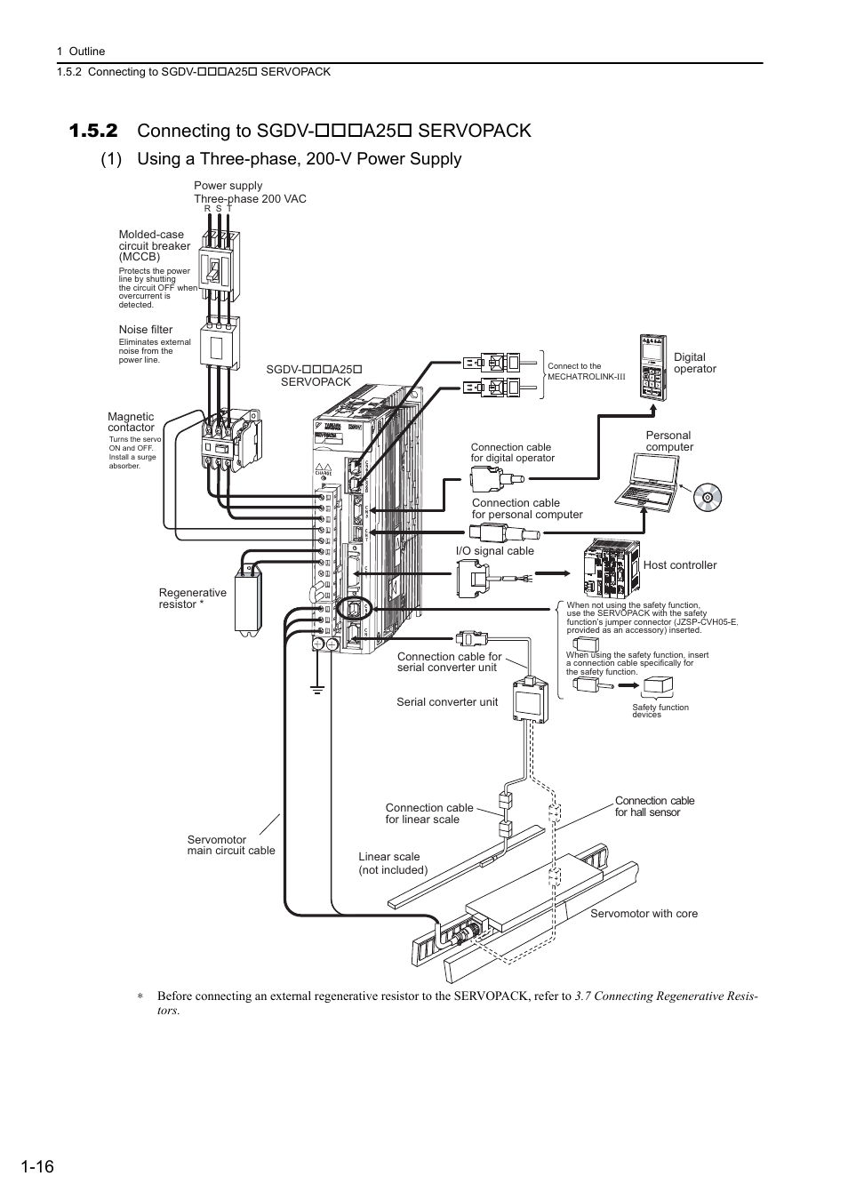 2 connecting to sgdv-***a25* servopack, 2 connecting to sgdv- a25 servopack, 1) using a three-phase, 200-v power supply | Yaskawa Sigma-5 User Manual: Design and Maintenance - Linear Motors MECHATROLINK-III Communications Reference User Manual | Page 37 / 357