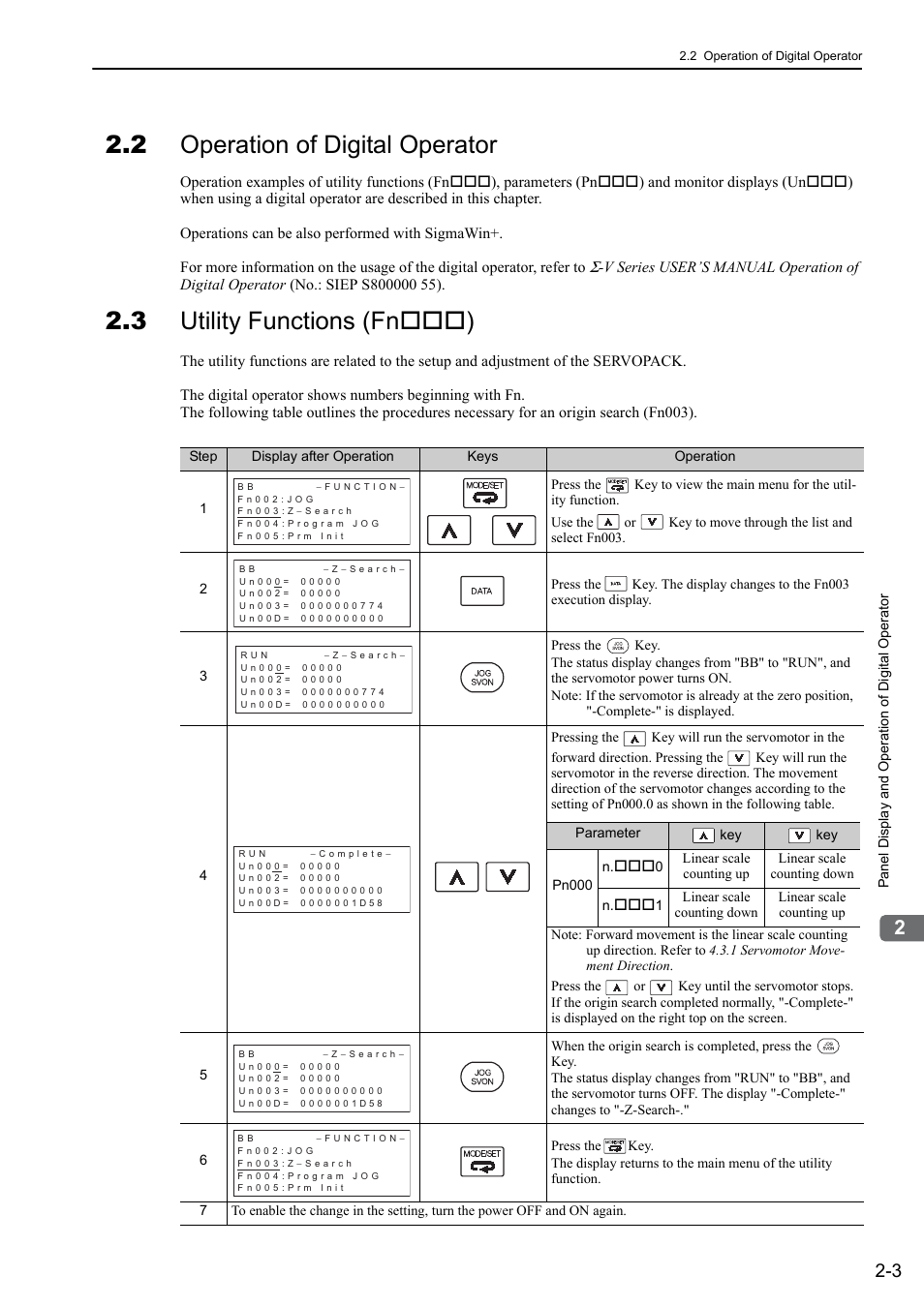 2 operation of digital operator, 3 utility functions (fn***), 3 utility functions (fn ) | Yaskawa Sigma-5 User Manual: Design and Maintenance - Linear Motors MECHATROLINK-III Communications Reference User Manual | Page 44 / 357