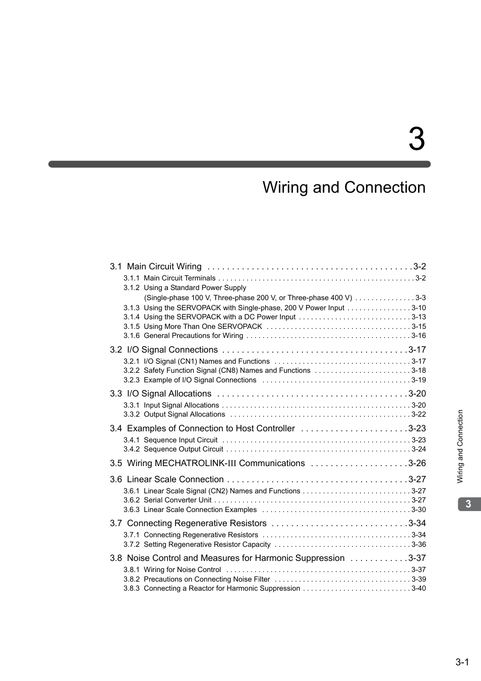 3 wiring and connection, Wiring and connection | Yaskawa Sigma-5 User Manual: Design and Maintenance - Linear Motors MECHATROLINK-III Communications Reference User Manual | Page 49 / 357