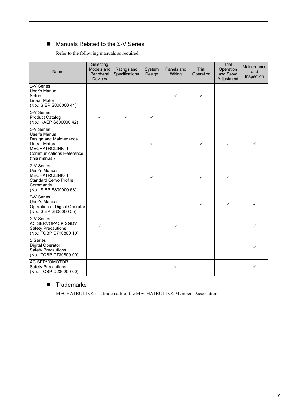 Vmanuals related to the σ-v series, Trademarks | Yaskawa Sigma-5 User Manual: Design and Maintenance - Linear Motors MECHATROLINK-III Communications Reference User Manual | Page 5 / 357