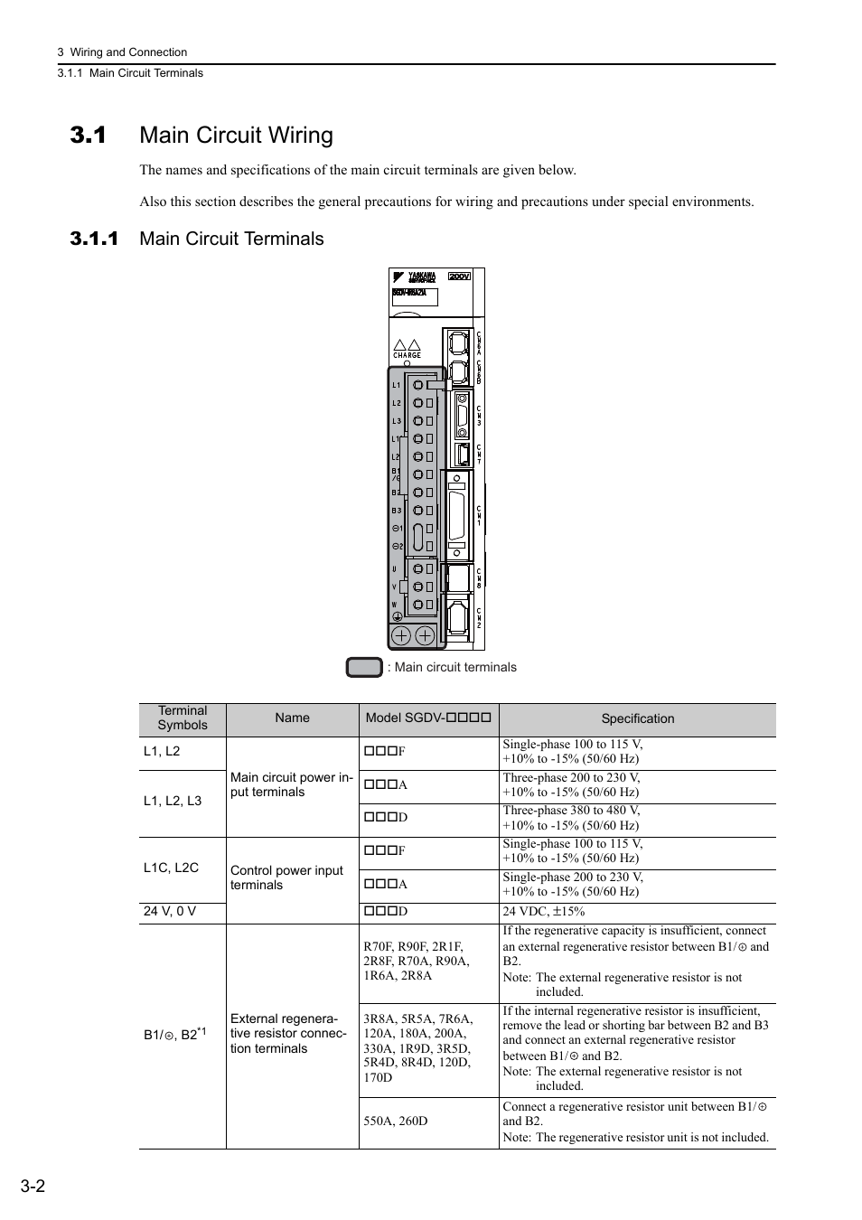 1 main circuit wiring, 1 main circuit terminals | Yaskawa Sigma-5 User Manual: Design and Maintenance - Linear Motors MECHATROLINK-III Communications Reference User Manual | Page 50 / 357