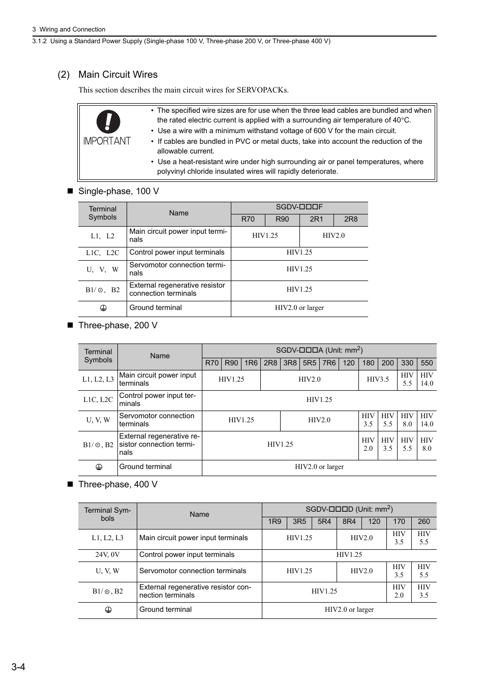 4 (2) main circuit wires | Yaskawa Sigma-5 User Manual: Design and Maintenance - Linear Motors MECHATROLINK-III Communications Reference User Manual | Page 52 / 357