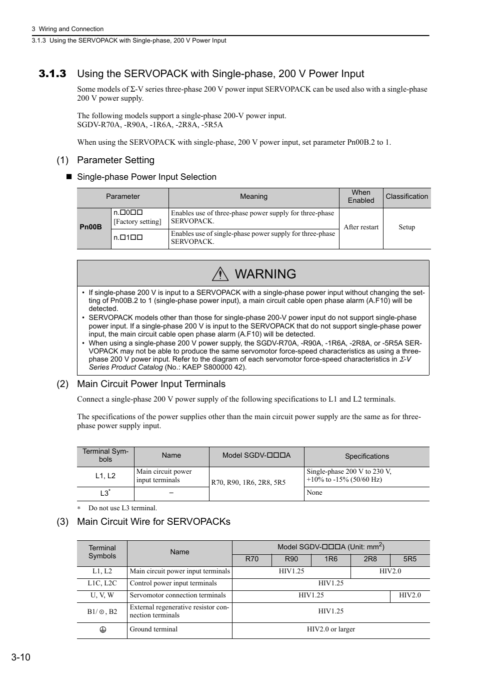 Warning, 1) parameter setting, 2) main circuit power input terminals | 3) main circuit wire for servopacks | Yaskawa Sigma-5 User Manual: Design and Maintenance - Linear Motors MECHATROLINK-III Communications Reference User Manual | Page 58 / 357
